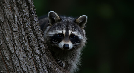 Raccoon Peeking Behind Tree at Twilight