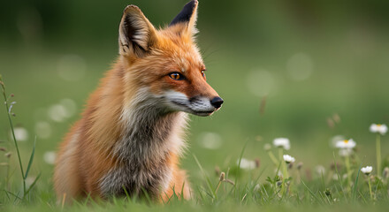 Naklejka premium Red Fox Sitting in Spring Meadow at Golden Hour 