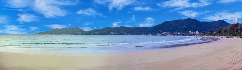 Beautiful and colourful Panorama of Patong Beach at Sunset on the romantic island of Phuket Thailand 