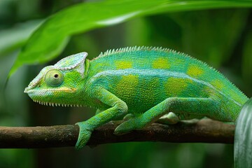 Obraz premium A vibrant chameleon blends seamlessly with the lush green foliage its skin shifting in color as it sits motionless