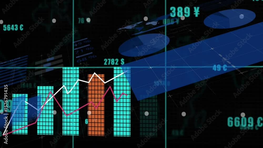 Poster grid opening currency labels floating bars growing lines weaving and piechart shifting showing data