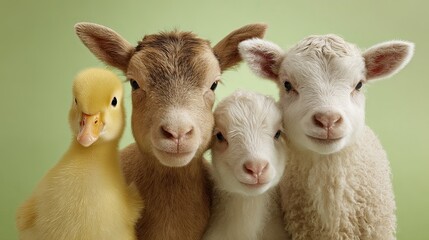 Obraz premium An adorable group of farm animals a duckling a calf a lamb and a chicken standing together in front