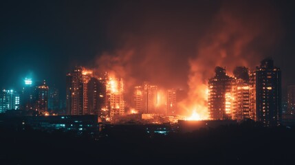City Buildings on Fire at Night – Wide-Angle Urban Blaze with Dramatic Glow and Emergency Copy Space