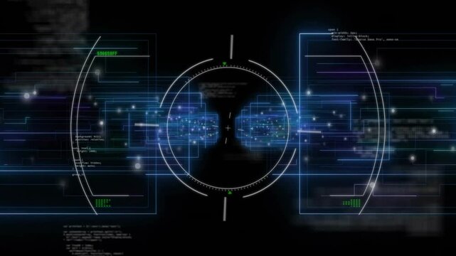 Opening crosshair initiating code panels and HUD ring sliding, pulsing into idle state during scan