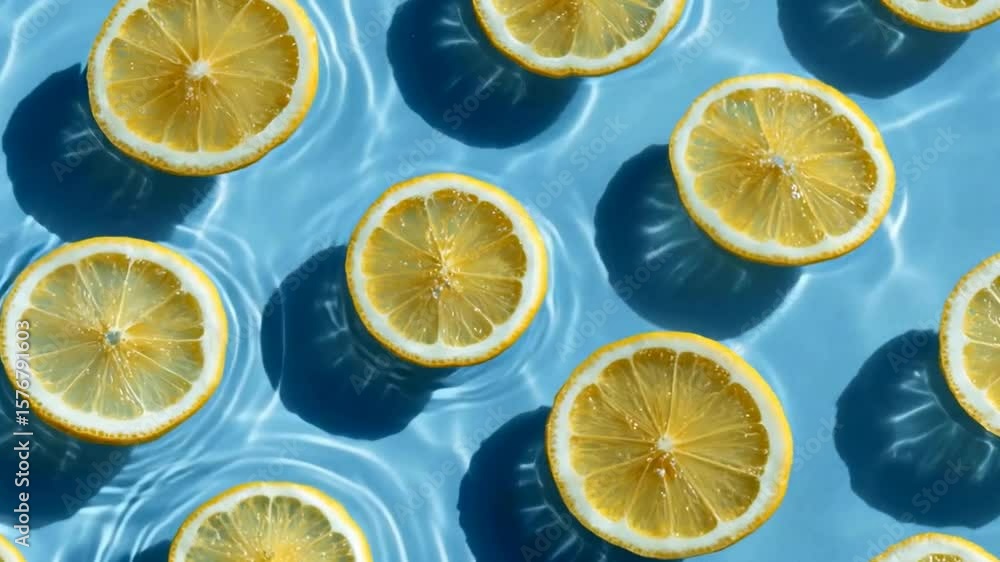 Poster floating lemon slices create a vibrant pattern in a clear blue pool of water.
