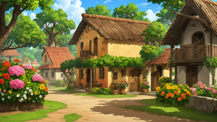 A cheerful rural courtyard with thatched-roof houses, colorful flower beds, and bright green grass under a sunny sky.