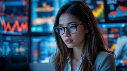 Young Asian stock trader analyzing data on multiple computer screens in a modern office - Powered by Adobe