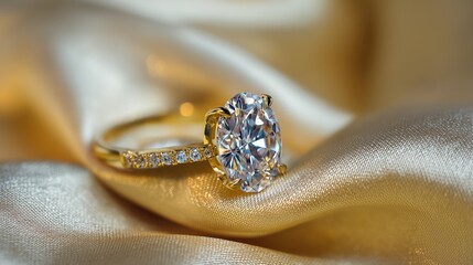 Luxurious Gold Engagement Ring with Brilliant-Cut Diamond &ndash; Close-Up on Satin Fabric with Sparkling Reflections