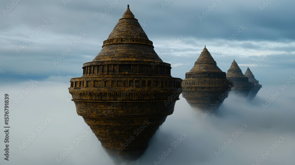 Poster enigmatic floating structures amidst cloudy horizon with unique shapes and textures evoking mystery 