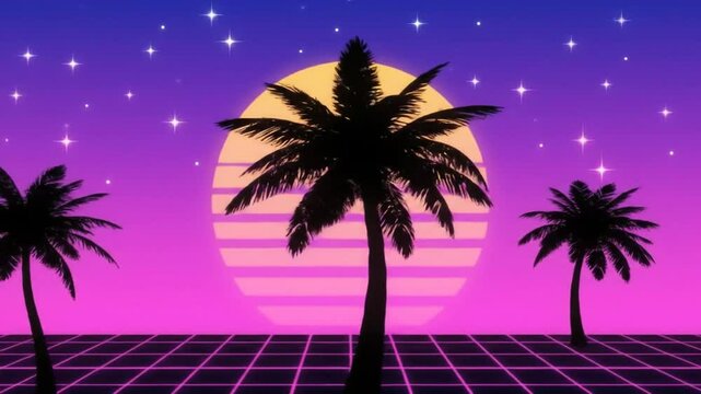 Retro Sunset Palm Trees Neon Grid Animated Background