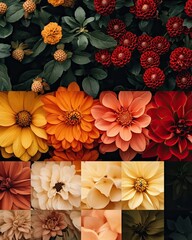 Fototapeta premium A vibrant collage of dahlia flowers in various shades of red orange yellow and beige tones close up
