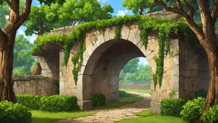 An ancient stone archway overgrown with ivy, nestled in a lush green forest under a bright blue sky.