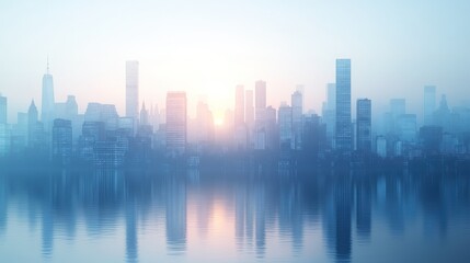 Fototapeta premium City skyline sunrise, hazy morning, reflected in water, ideal for desktop wallpaper