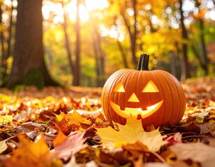 Jack-o'-lantern in autumn leaves (3)