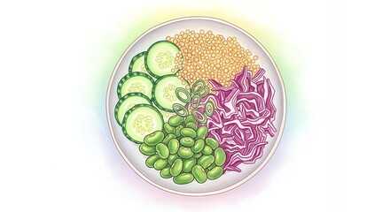 Colorful illustration of a healthy vegan poke bowl with fresh vegetables and grains.