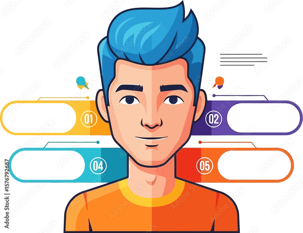 Poster infographic template design with cartoon character and labels for data presentation vector art