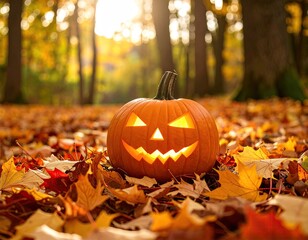 Jack-o'-lantern in autumn leaves