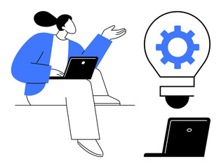 Woman sitting with laptop explaining idea, lightbulb with gear symbol beside her. Ideal for innovation, brainstorming, business strategy, creativity, problem-solving, technology teamwork. Simple