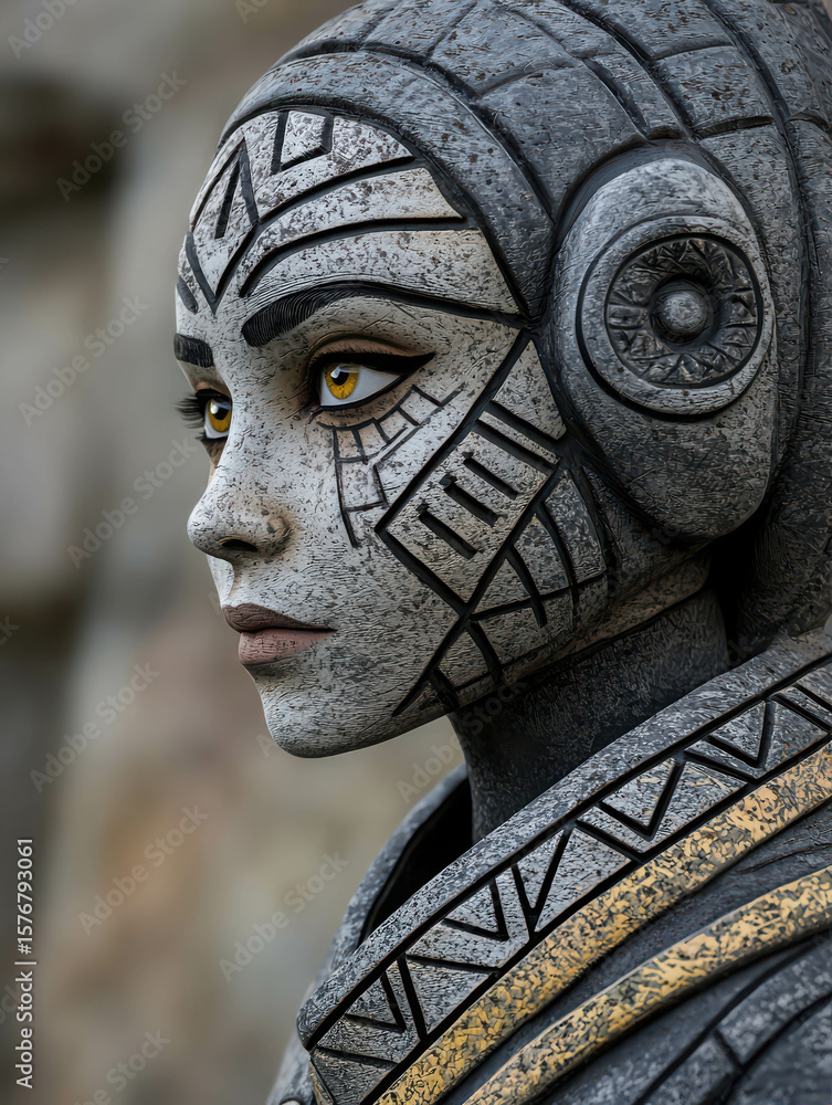 Poster intricate portrait of a stone-faced character with detailed patterns and striking yellow eyes in a n