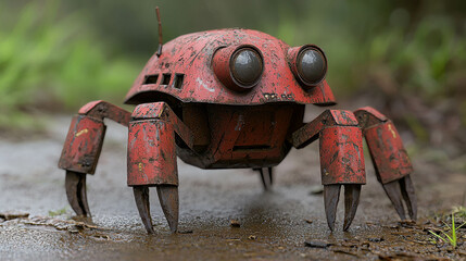 Rusty robotic crab toy with large eyes and metal claws on a wet path among grass and nature in a whimsical outdoor setting