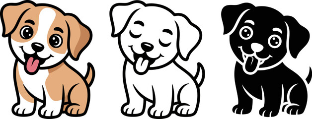 Obraz premium Cute puppy vector illustration set for kids design and coloring book pages adorable cartoon dogs