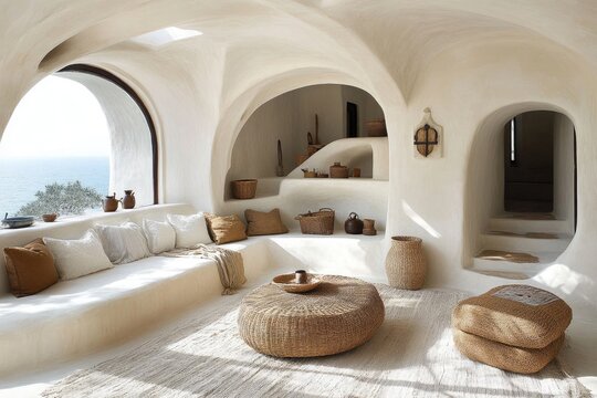 Bright coastal living room with a curved white stucco architecture and woven textures. Perfect for showcasing interior design or serene vacation destinations.