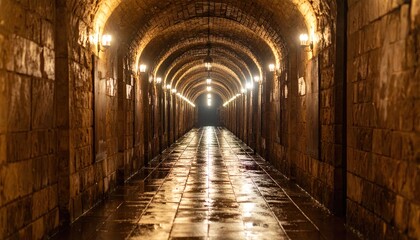 Obraz premium Long tunnel with arched stone walls and lighting