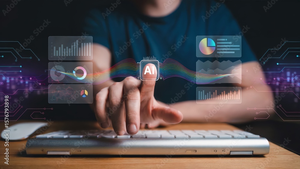 Poster finger touches artificial intelligence system with digital charts and technology display