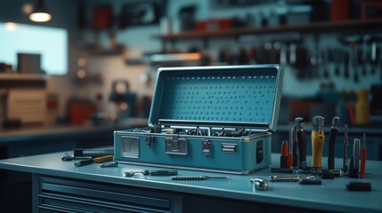 Open toolbox on workbench in workshop.  Possible use for stock image