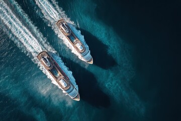 Cruise ships navigating the deep blue sea from an aerial perspective capturing the beauty of ocean travel and leisure