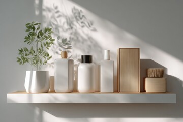 Eco-friendly product packaging displayed on a white shelf with natural light, emphasizing sustainability and clean aesthetics.