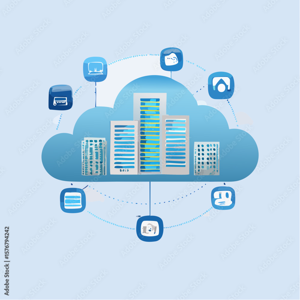 Poster cloud computing concept illustration with buildings and connected icons in a network