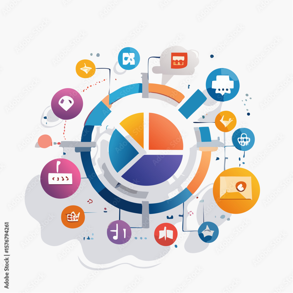 Poster colorful abstract illustration of a pie chart with various interconnected icons and elements