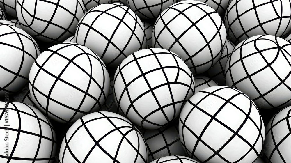 Poster white spheres with grid patterns overlapping in a chaotic arrangement creating an abstract backgroun
