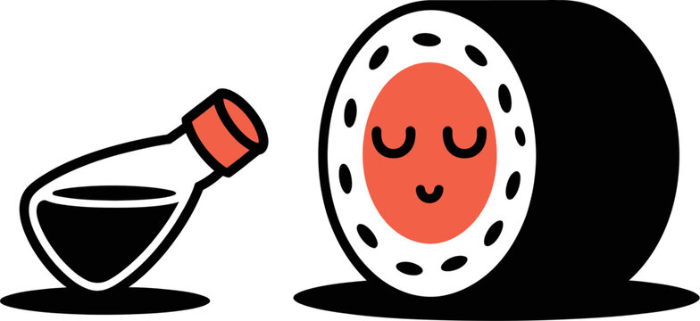 Kawaii sushi roll with soy sauce bottle illustration for japanese food and asian cuisine lovers
