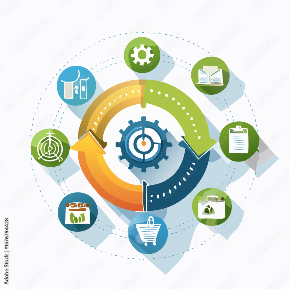 Poster colorful circular infographic with icons representing different stages of a process