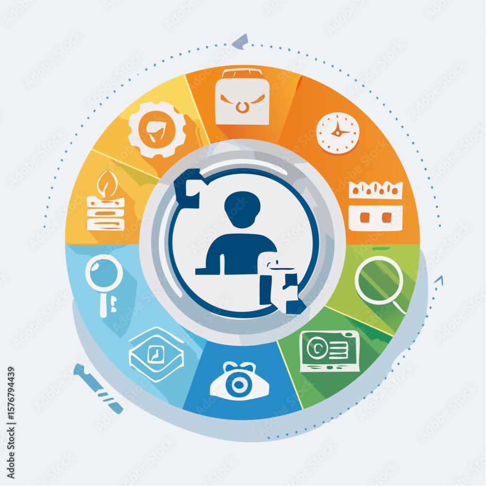 Poster colorful circular infographic with icons representing various business concepts