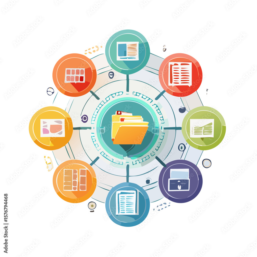 Poster colorful diagram representing information management and data organization in a circle