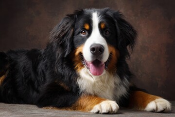 Funny Bernese mountain dog resting comfortably on a soft surface with a colorful background showcasing its playful nature