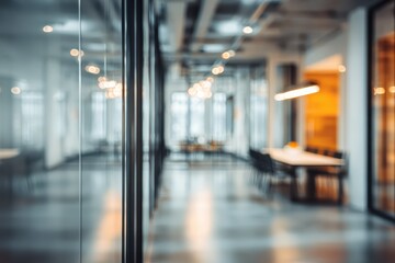 Blurry interior view of an abstract office hall featuring a meeting area with modern design elements in soft lighting