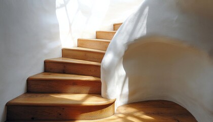 Indoor wooden stairs and plaster wall curve, with soft sunlight. Great as texture, graphic element, or showing growth concept.
