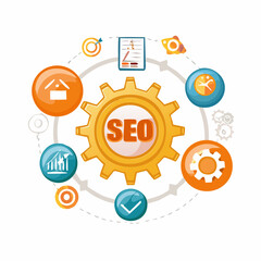 Obraz premium Colorful vector illustration of SEO concept with gear and related icons around it.