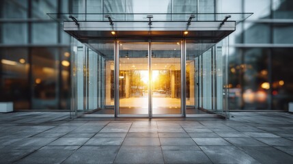 Modern Corporate Entryway with Clear Double Glass Doors and Stylish Architecture at Dusk