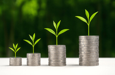 Money growht concept ,Stages of Plant Sprouting on Silver Coins, Generative ai