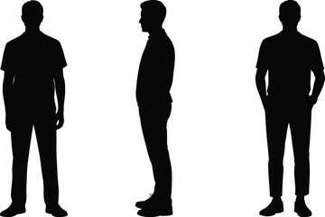 Silhouette of standing men in casual poses, side and front view, isolated male figure icon set, vector illustration for stock design