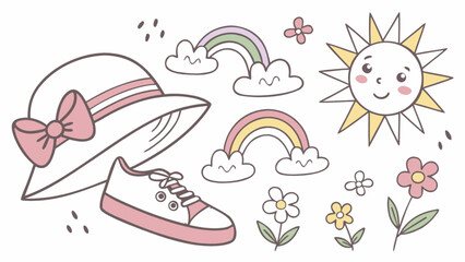 Fototapeta premium Cute summer vector art with sun rainbow hat sneaker and flowers for kids design and decoration project