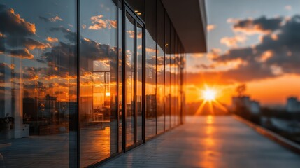 Modern Office with Glass Doors Reflecting Sunset Light on a Bright Day Overlooking the City Skyline