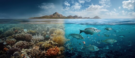 Naklejka premium Healthy and dying coral reef split underwater view 