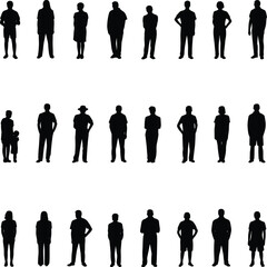 Set of standing human silhouettes in casual posture showing diversity, including men, women, and child, ideal for community, lifestyle and people concept