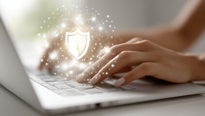 Hands typing on laptop with security shield graphic